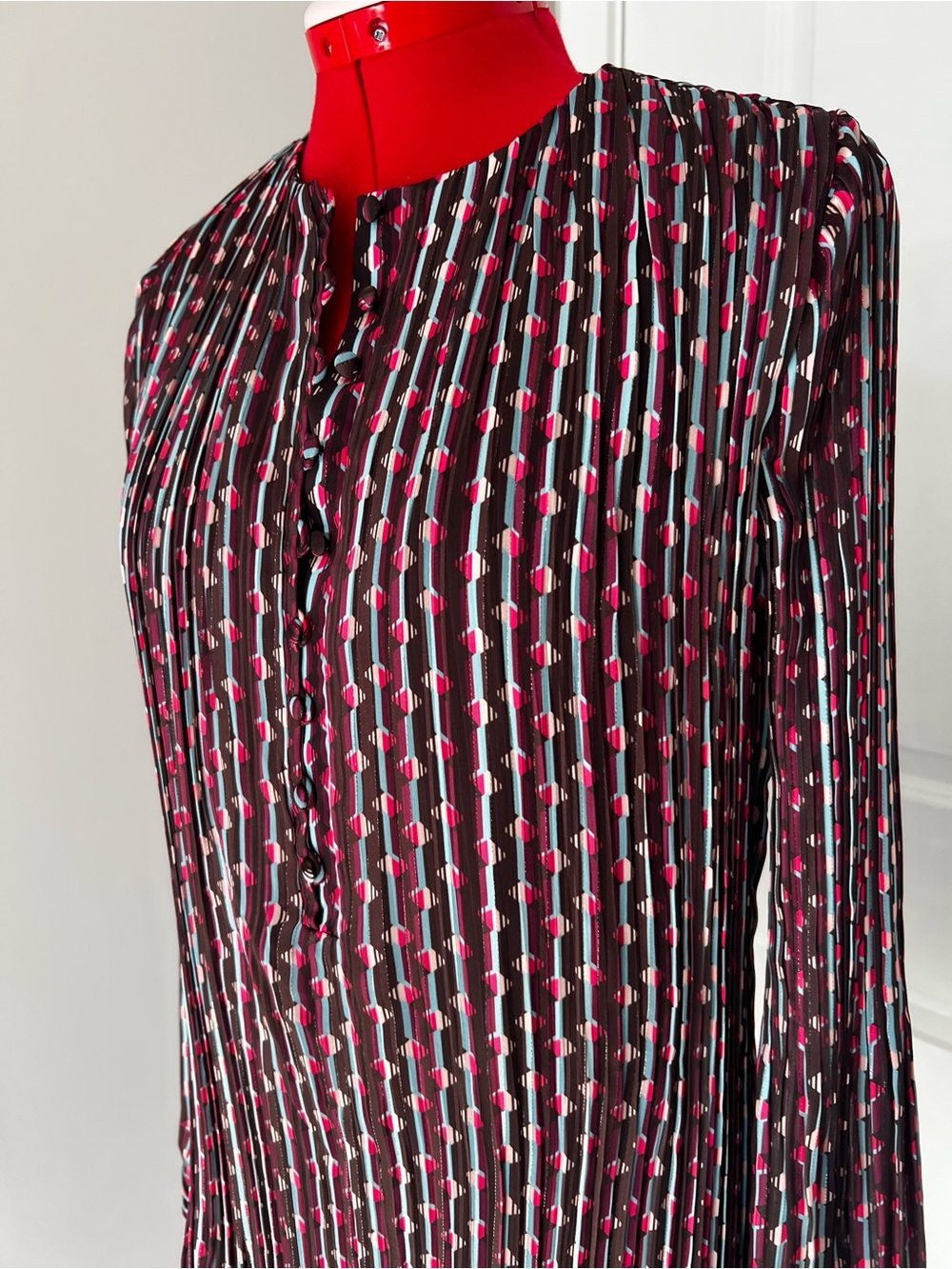 Reiss Black Dress with Pink Geometric Print — Long Sleeve Pleated